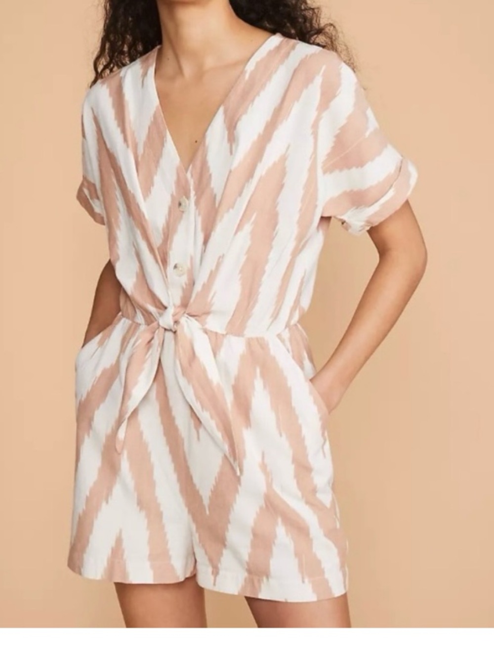 LOFT Beige & Cream Striped Short-Sleeve Romper